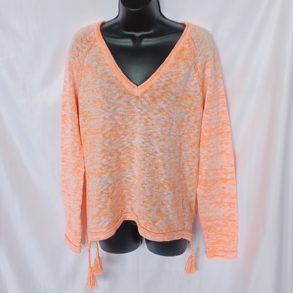 LILLY PULITZER JODY V-NECK SWEATER Orange/white, tassels, M, rolled hem
